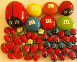 Painted rocks, strawberries, ladybugs and M&M's for home decor