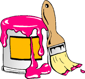 cartoon image of paint can with hot pink paint spilling over, and a paint brush resting against the can