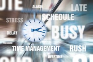 image of clock surrounded by words including busy, rush, overtime, delay, stress, schedule