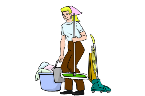 cartoon image of a cleaning lady with a mop, bucket and vacuum