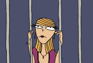 cartoon image of blonde lady wearing a purple shirt in jail, with her hands on the bars