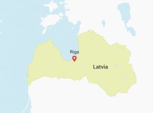 green, white and blue map, displaying Latvia, and the capital of Latvia, Riga.