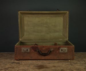 open, empty, old brown briefcase on a table