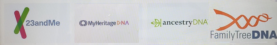 corporate logos for 23andme, My Heritage DNA, Ancestry DNA and Family Tree DNA