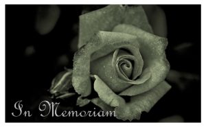 black and white picture of a rose with the words "In Memoriam"