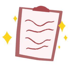 cartoon clipboard with squiggly lines on the page and yellow diamond shapes on each side