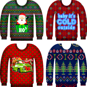 four cartoon style ugly Christmas sweaters