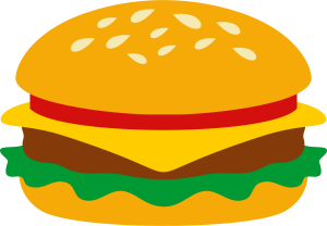 cartoon image of cheeseburger with lettuce and tomato on a sesame seed bun