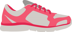cartoon image of one grey and pink sneaker shoe with pink laces