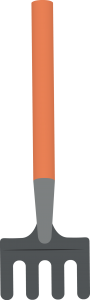 cartoon image of garden rake with an orange handle