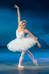 ballerina in white tutu posing with one arm up, and one foot pointing behind her body, with a blue background