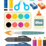craft supplies including paint, glue, scissors, paintbrushes, pencils