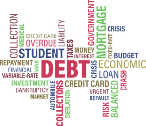 collage of words including debt, overdue, collection, bankruptcy and other debt related words
