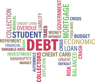 collage of words including debt, overdue, collection, bankruptcy and other debt related words